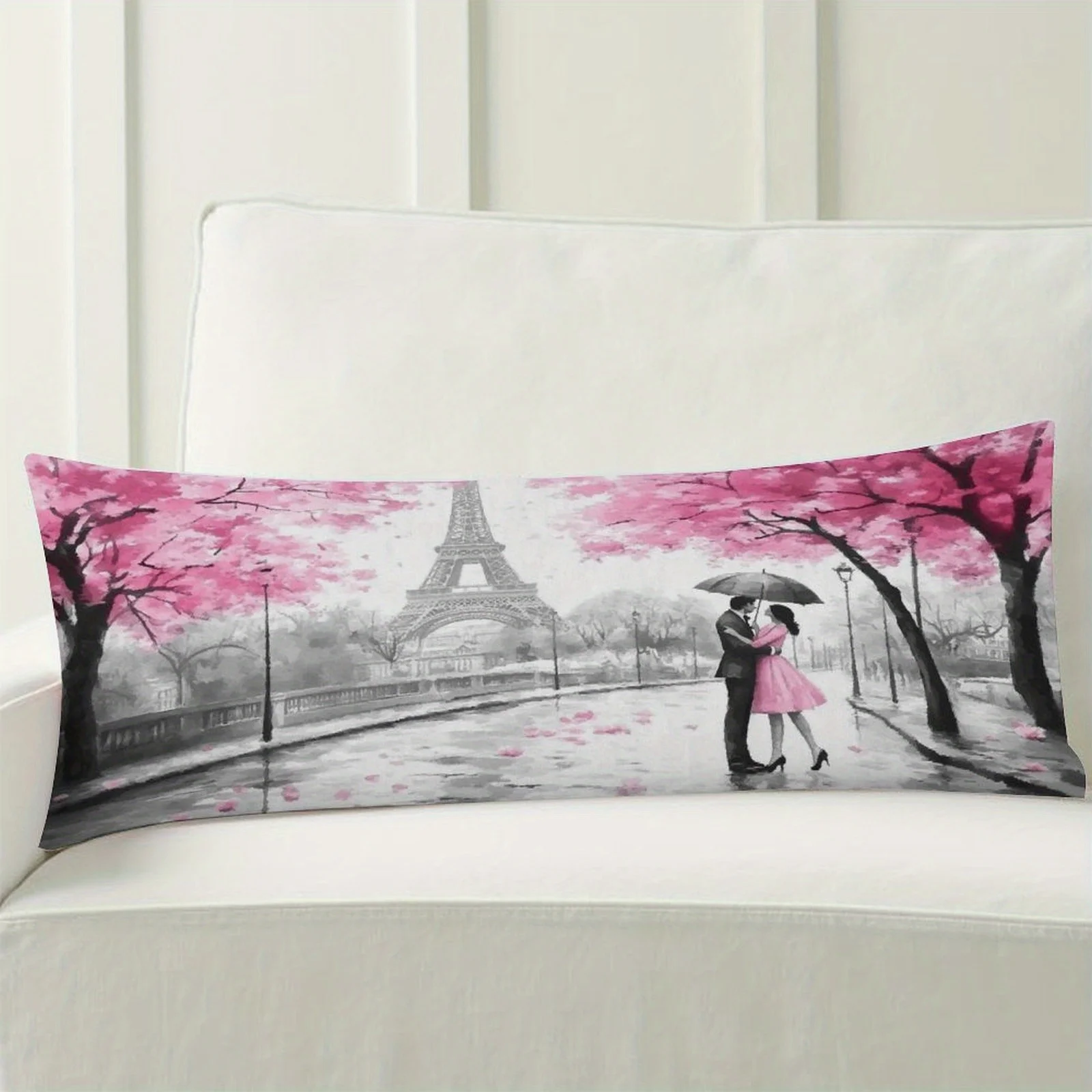 Romantic Paris Themed Body Pillow Cover, Fashionable Plush Long Bed Pillowcase, Soft Decorative Double-sided Printed Large Body