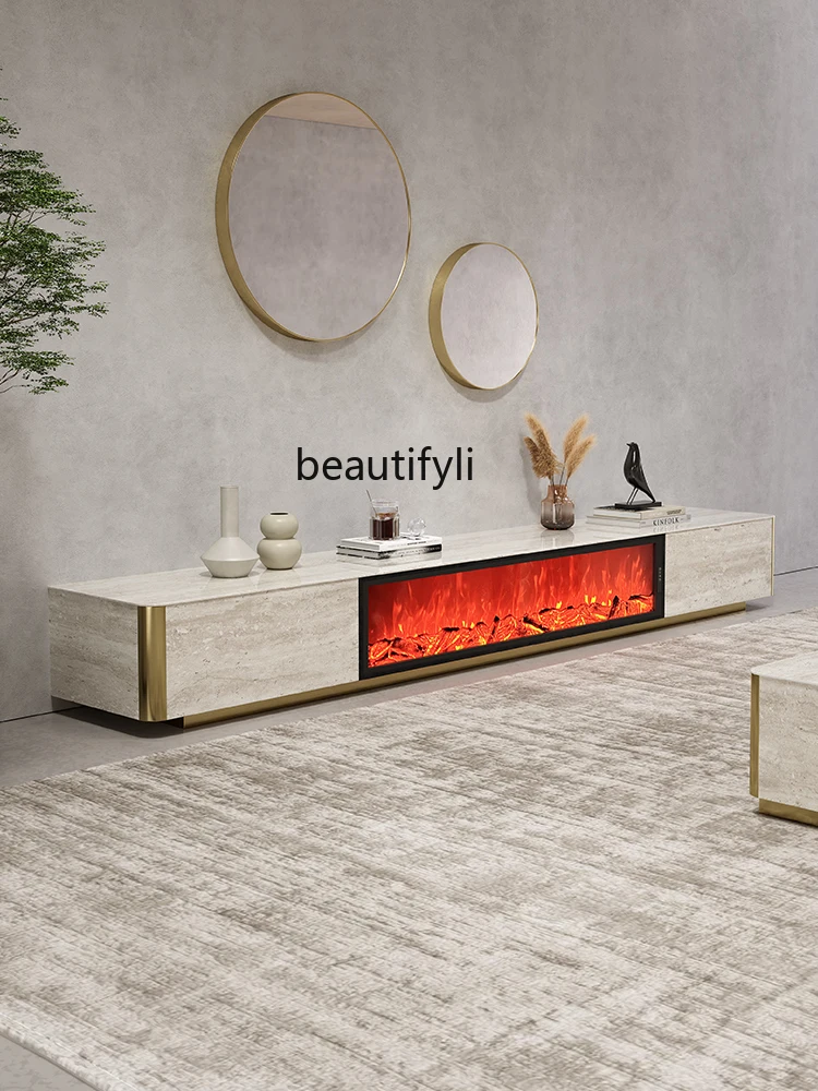 Light Luxury Stone Plate Cave Stone Simulation Flame Fireplace TV Cabinet Simple Modern Floor Standing Living Room High Sense