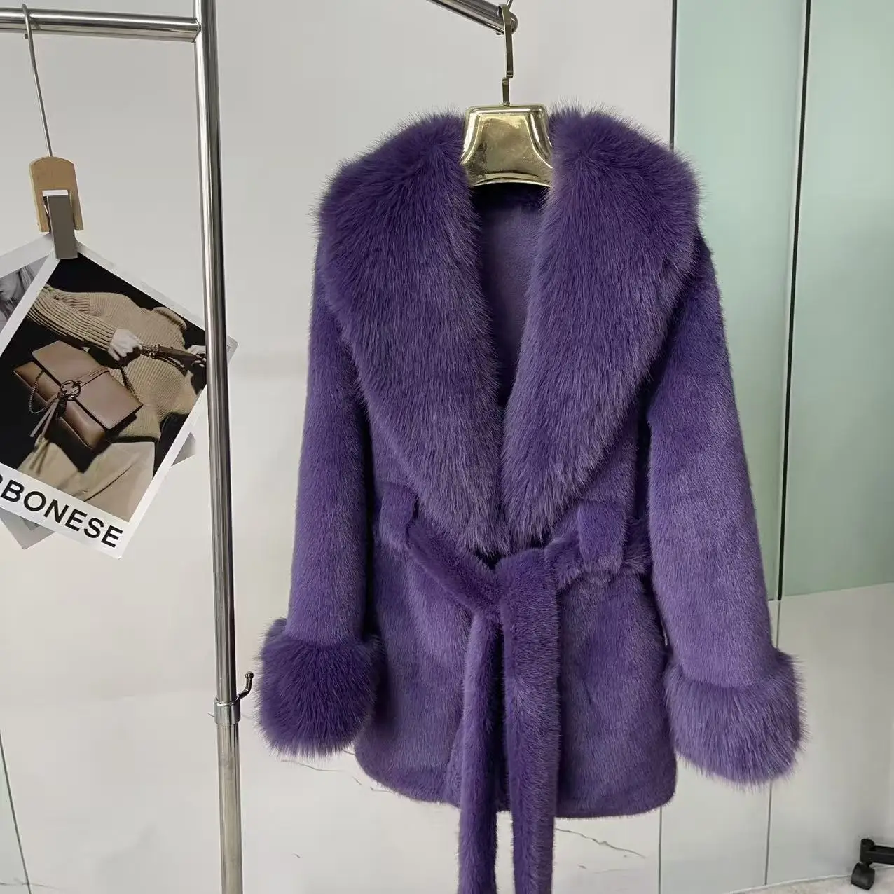 Luxury High Quality New Large Fur Collar Fur Coat Belt Slim Jacket Women Winter Warm Eco-Friendly Mink Fox Fur Coat Premium Tops