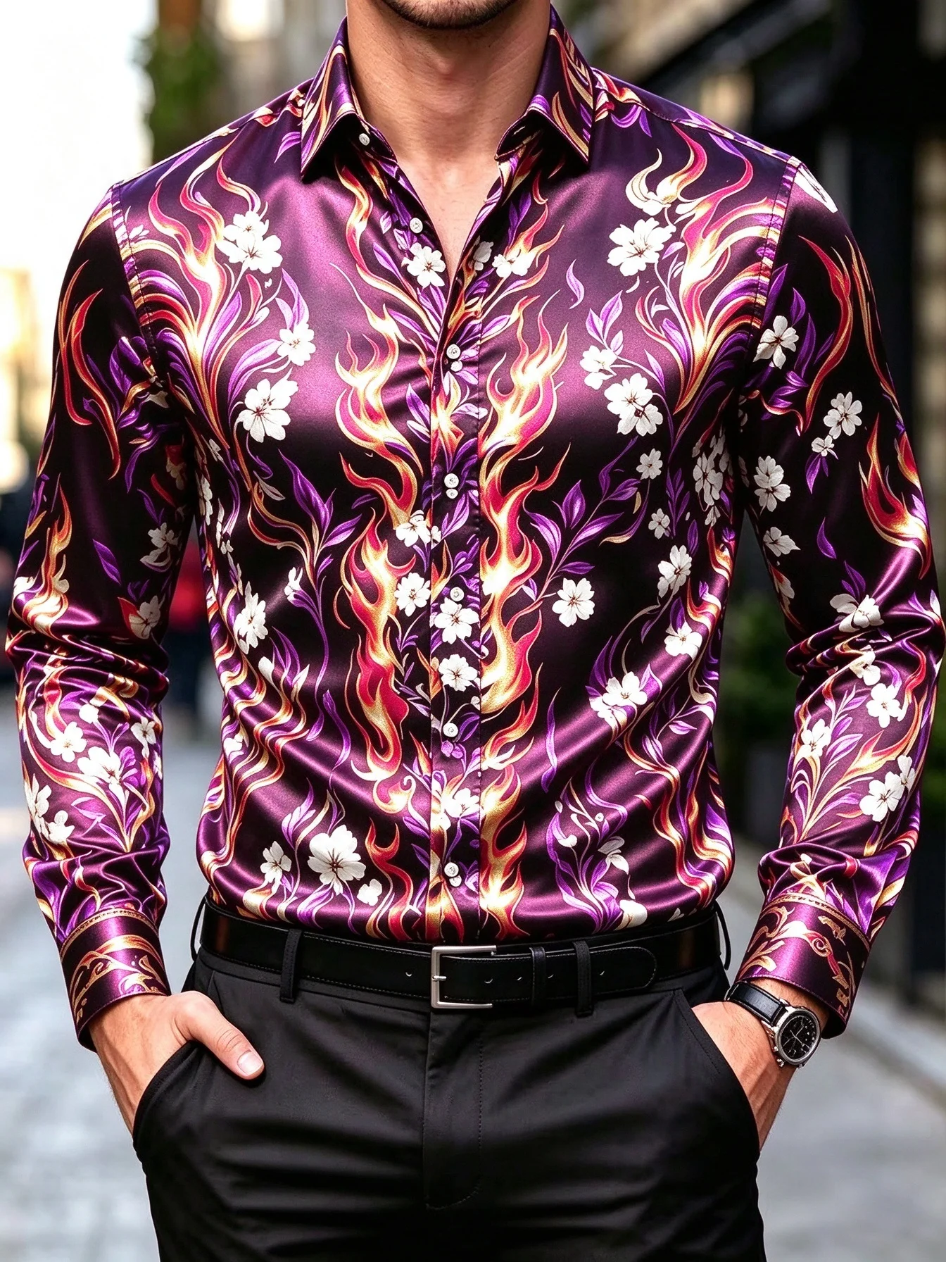New men's shirt, fake formal black tie, gold foil vertical stripes, holly snowflake print, slim fit party shirt