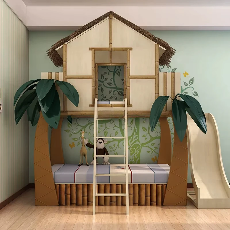 Children's room bed Solid wood boys and girls Children's bed Tree house bed Double slide