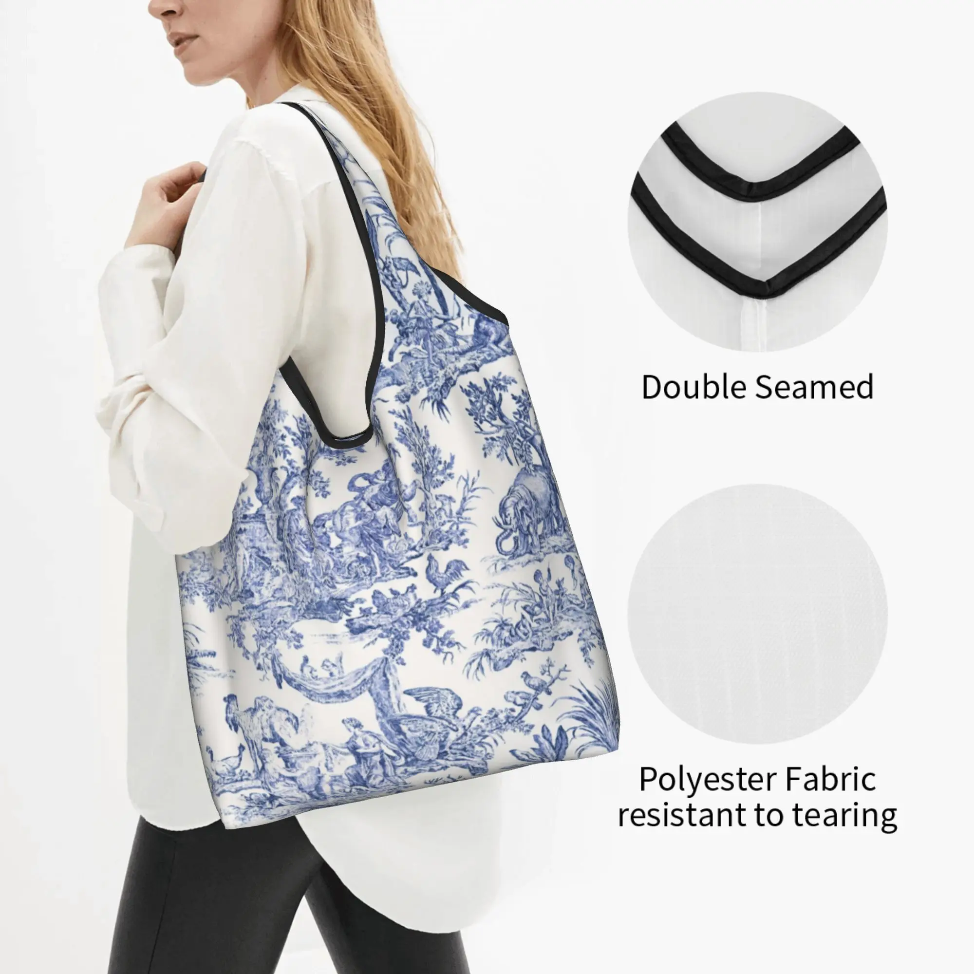 Recycling Navy Blue Toile De Jouy Shopping Bag Women Tote Bag Portable French Countryside Floral Grocery Shopper Bags