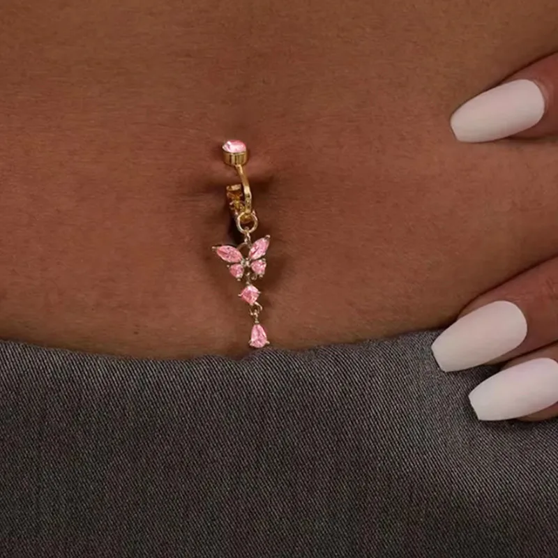 Clip On Belly Button Ring Butterfly Copper Zircon Pink Fake Belly Piercing Umbilical Navel Body Jewelry Trendy Fashion Style