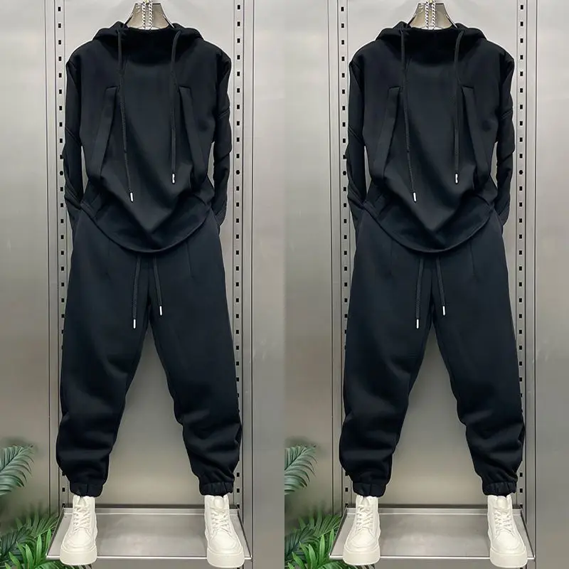 

Мужская повседневная спортивная весенне-осенняя модная универсальная свободная толстовка с длинными рукавами и спортивные штаны с капюшоном, комплект из двух предметов