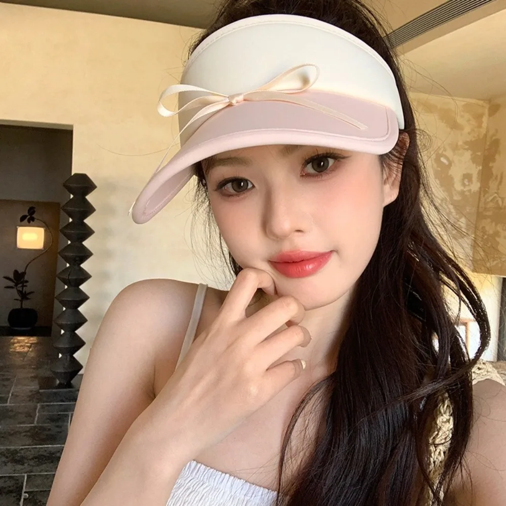 Simple Ribbon Bow Sun Hat Anti-UV Korean Style Empty Top Cap Peaked Hat Sunscreen Bowknot Visor Cap Women