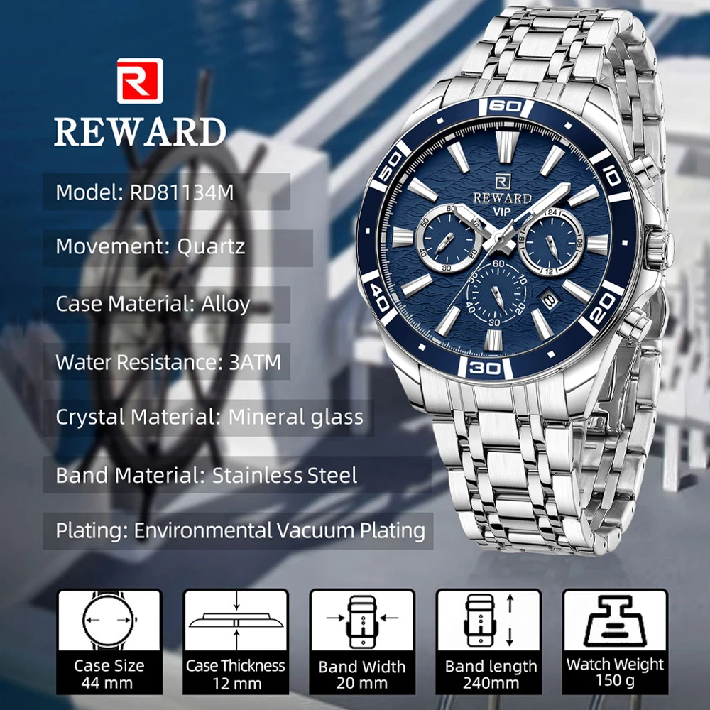 REWARD Fashion Business Watches for Men Blue Dial Chronograph Waterproof Watch Men Stainless Steel Luminous Sport Wristwatches