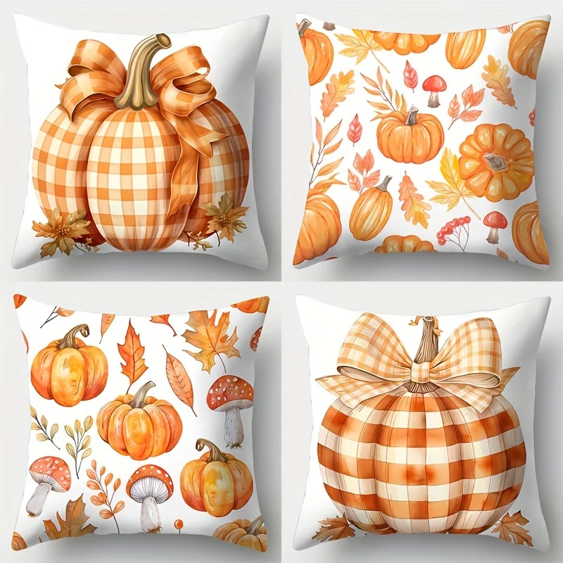 4-Pack Autumn Pumpkin and Plaid Throw Pillow Covers - Contemporary Design, Woven Polyester, Zipper Closure, Hand Wash