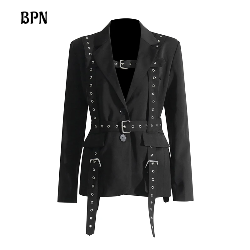 

BPN Solid Patchwork Belts Blazers For Women Notched Collar Long Sleeve Spliced Buttons Solid Slim Chic Blazer Female Fashion New