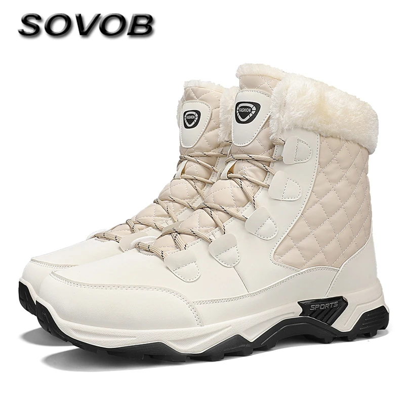 

Fashion Beige Snow Boots Couples Large Size 36-45 Warmed Plush Winter Boots For Men Comfort Lace-Up High Top Platform Boots Mens