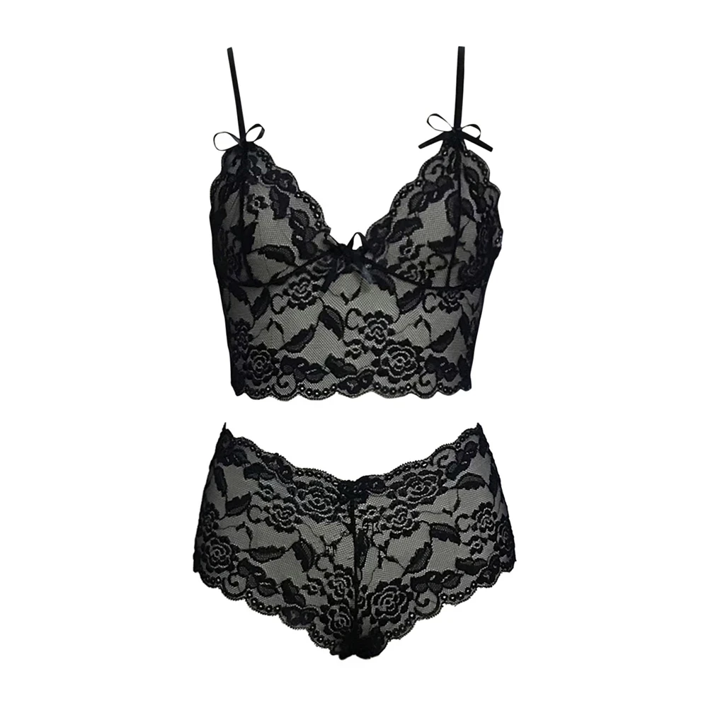 Ensemble de lingerie sexy pour femmes, nouvelle collection, short en dentelle noire, solide, précieux, haut, caraco, culotte tubulaire, imprimé floral