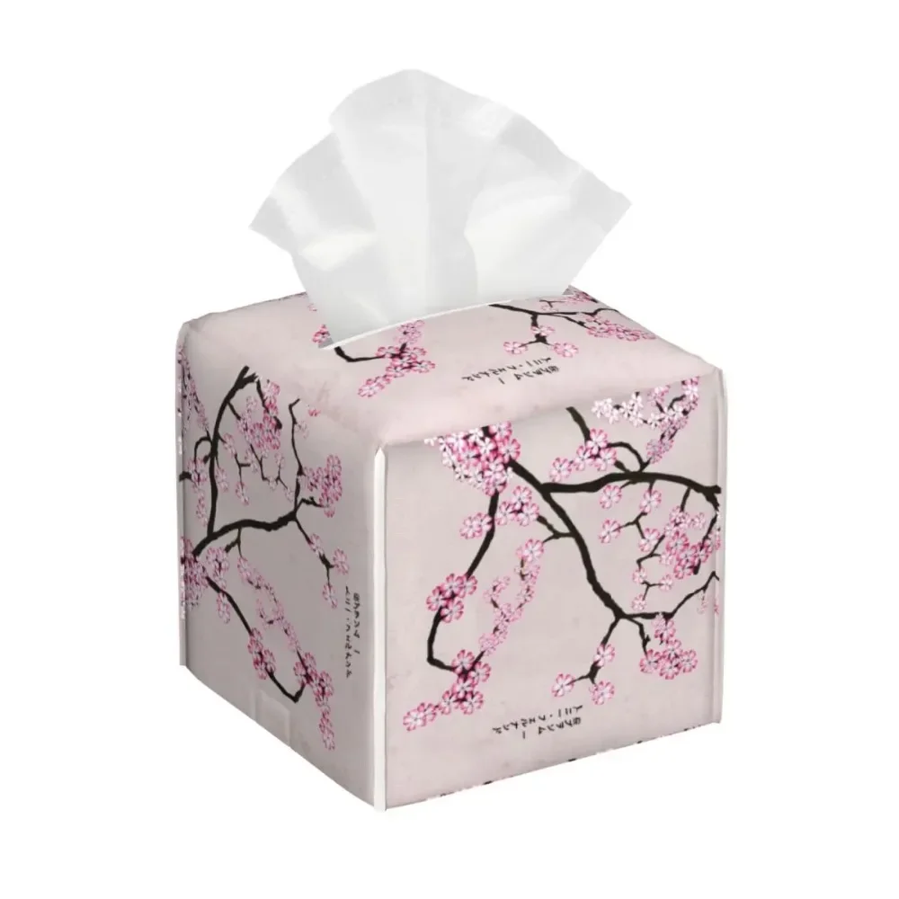 Custom Pink Floral Cherry Blossom Tissue Box Cover Leather Square Japanese Sakura Flower Facial Tissues Holder for Home