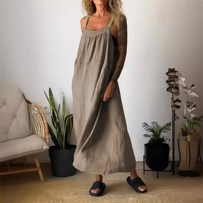 Women Cotton Linen Solid Color Dresses Side Pocket Backless Suspenders Dress Female Daily Comfortable Casual Commuter Gown 2024