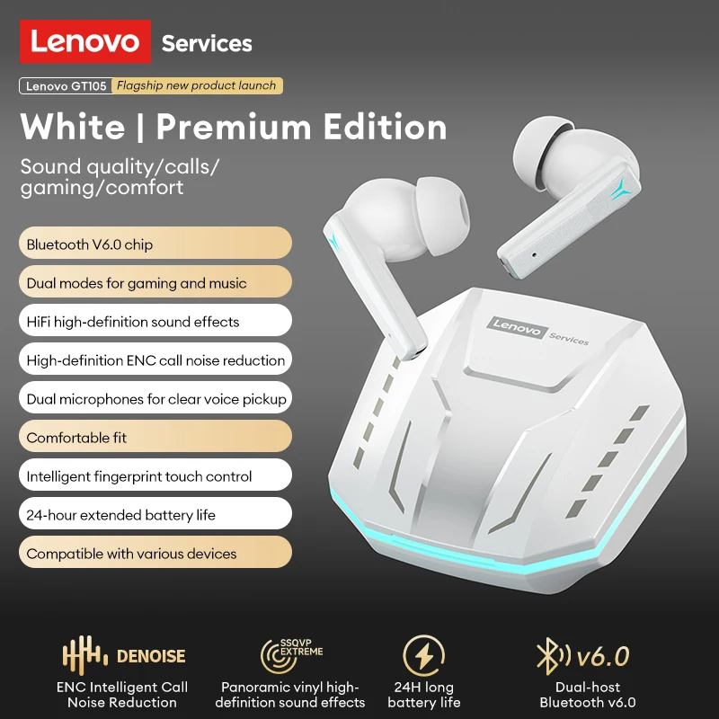 Lenovo GT105 Fones De Ouvido De Jogos Bluetooth 6.0 Fones De Ouvido Sem Fio De Baixa Latência De Redução De Ruído Fones De Ouvid