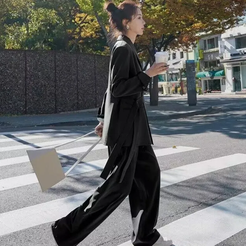 Black Fashionable Women's Suit Set Casual Wide Leg Pants Two Piece Set Spring Summer New Arrival plus Size College Style Poly...
