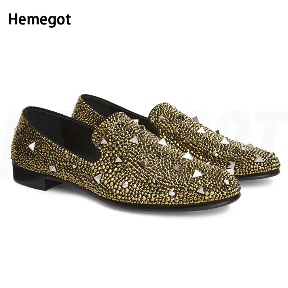 

Fully Handmade Rivets Men Shoes Bling Bling Gold Sliver Glitter Leisure Shoes Round Toe Shoes Runway Shining Rivets Dress Shoes