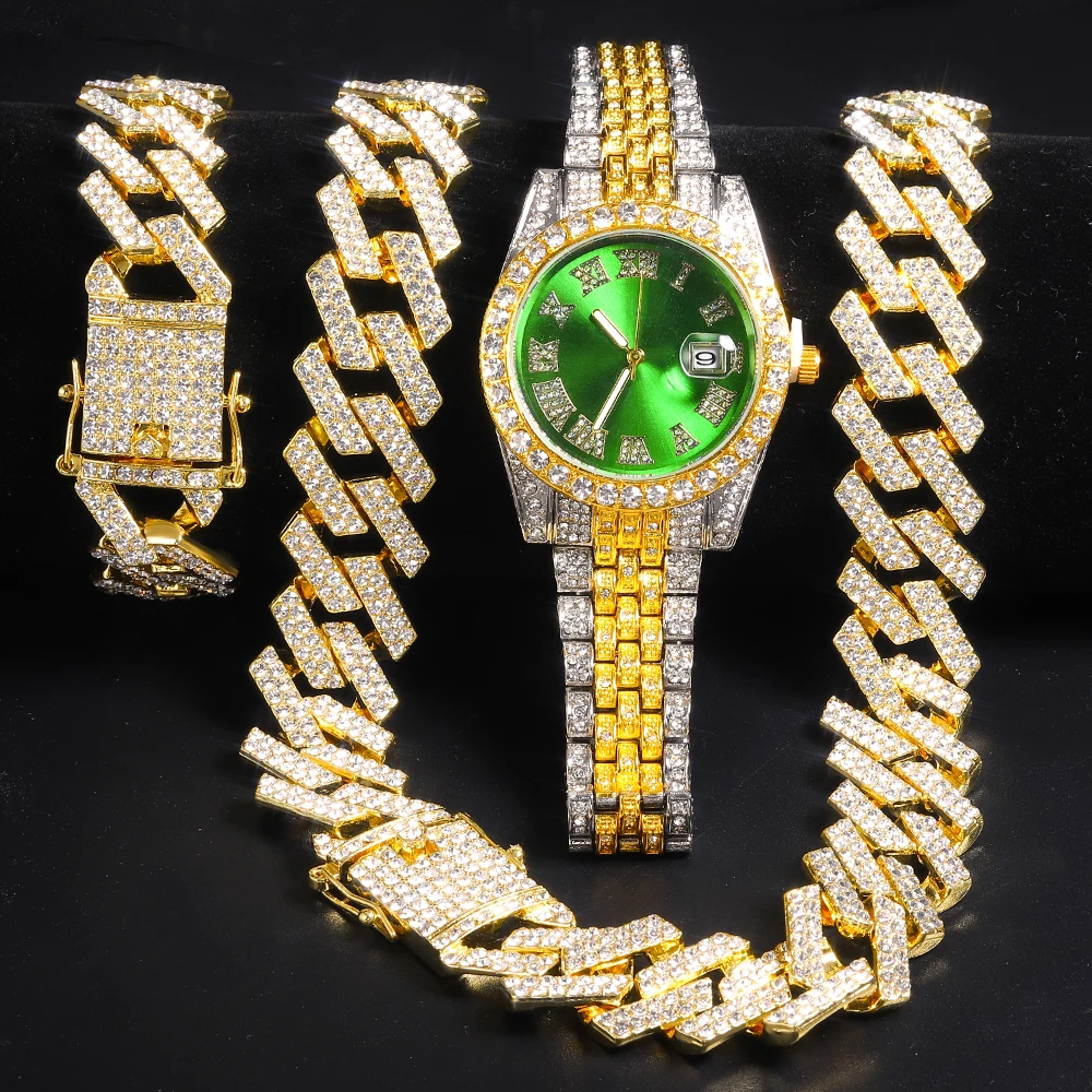 New Iced Out Watch Mens Cuban Link Chain bracciale collana girocollo Bling gioielli uomo grandi catene Color oro Hip Hop Punk Watch Set