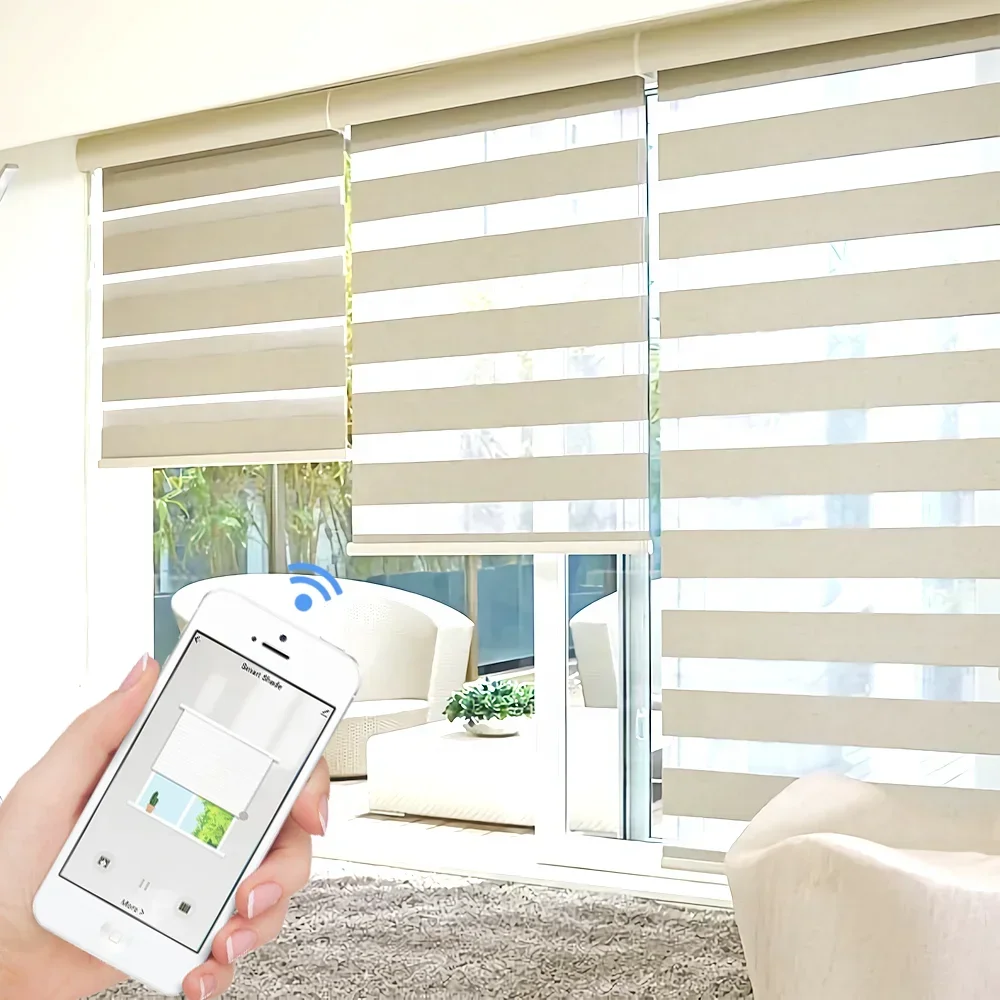 Motorized wifi remote control korean blind smart fabric dual cordless home zebra tuya blinds