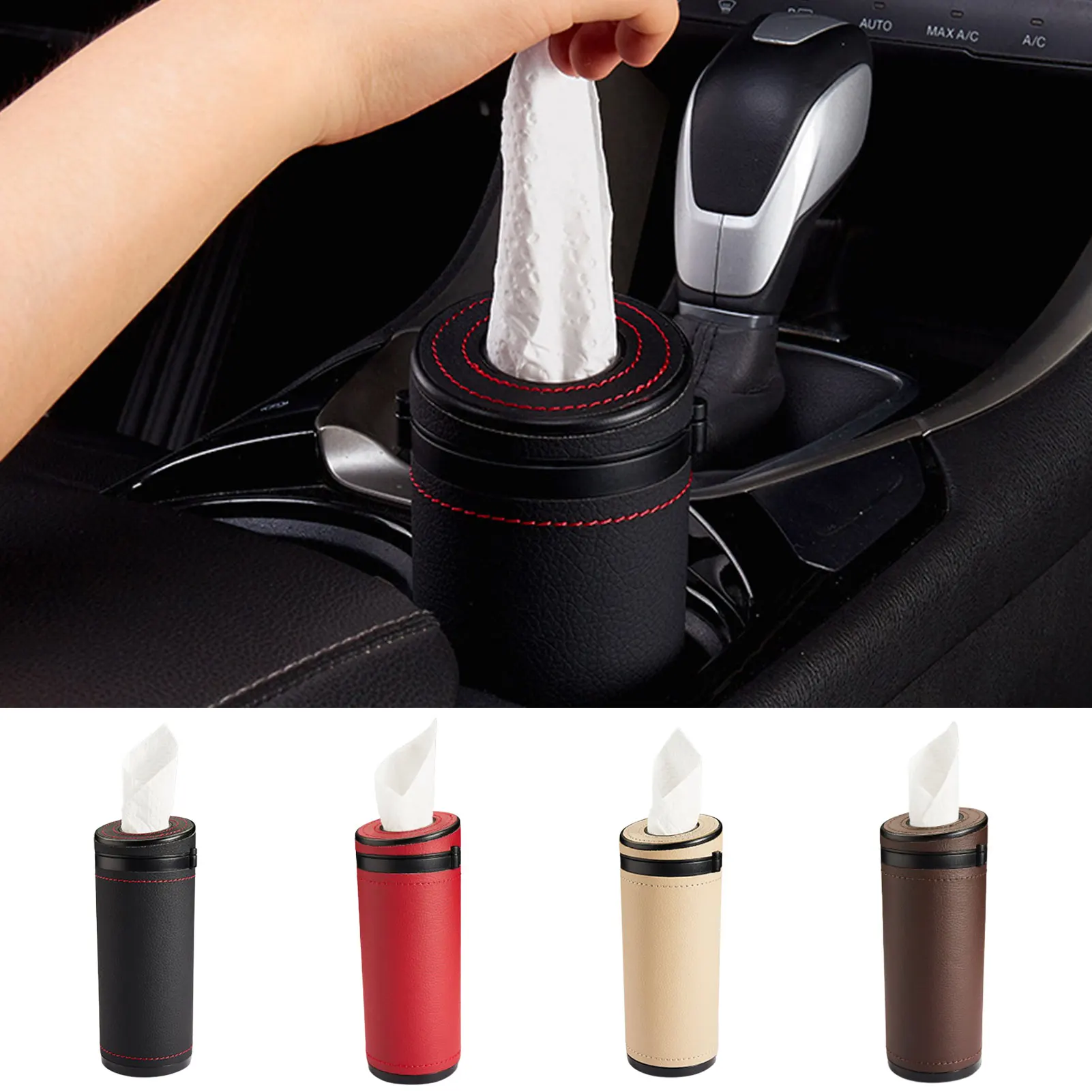 2 In 1 Car Tissue Box Holder Window Breaking Tool Round Tissue Holder Roll Paper Napkin Tray Leather Tissue Box for Car