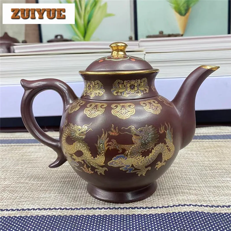 420ml Yixing Purple Clay Teapots Handmade Gold Tracing Palace Lantern Pot Raw Ore Purple Mud Tea Maker Kettle Zisha Tea Set Gift