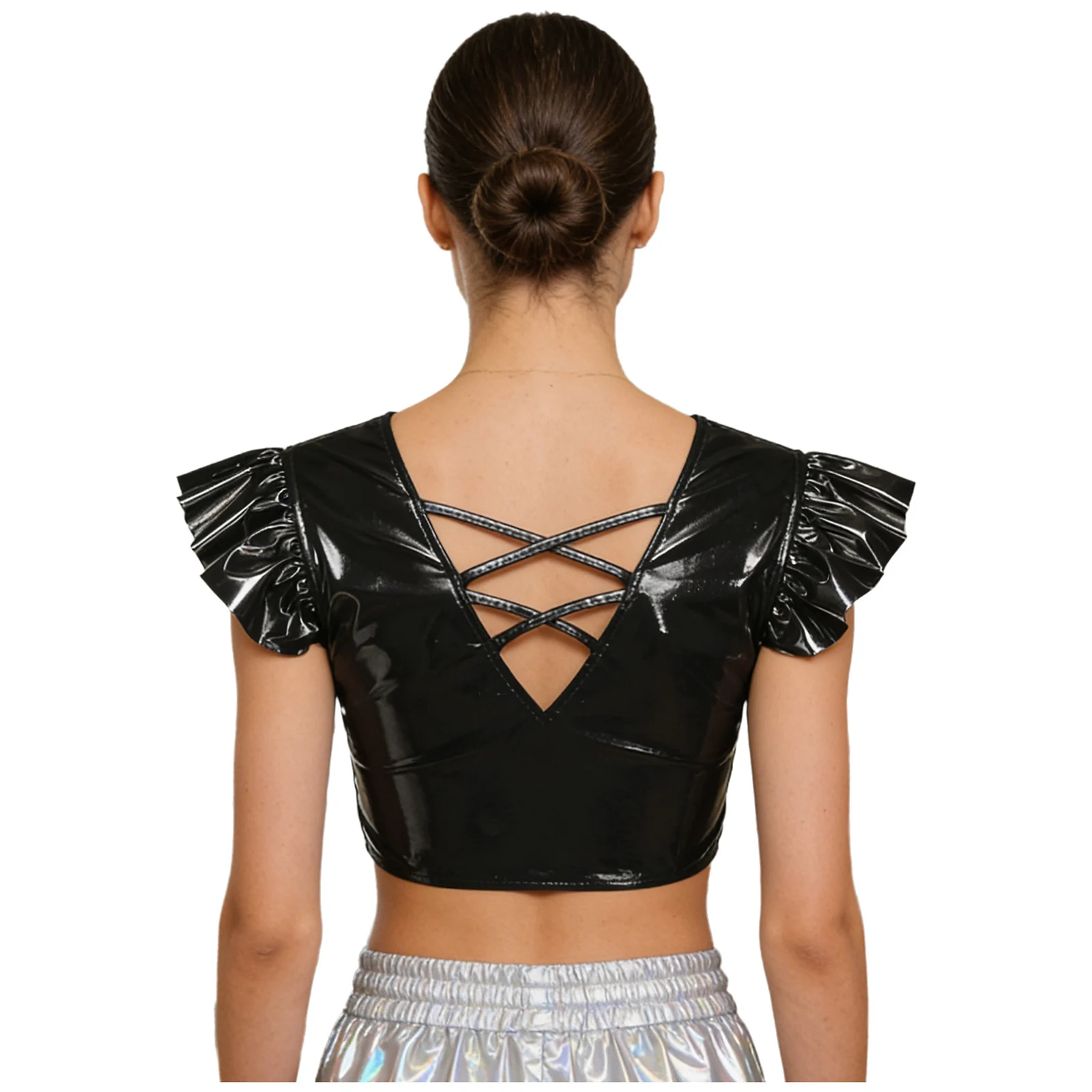 Women Metallic Cutout Pullover Crop Tops Raves Party Clothes Pole Dance Festival Costume Strappy V-shaped Tank Top Clubwear