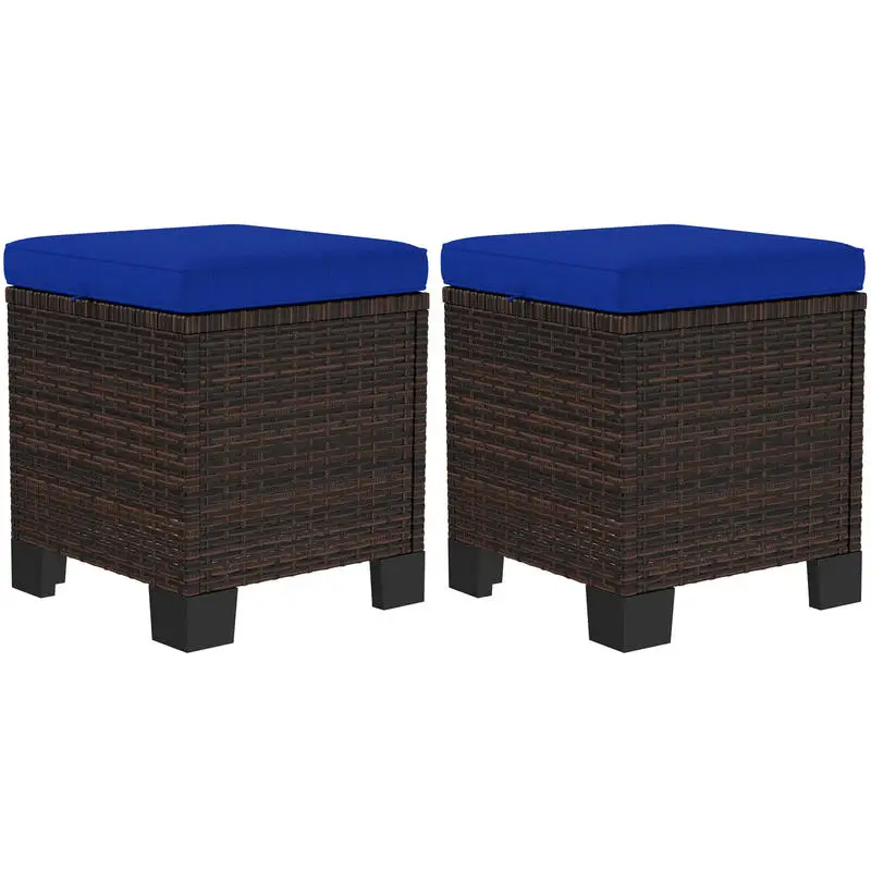 

Outsunny 2 Piece Wicker Outdoor Ottomans with Cushions, Rattan Ottoman Footrest and Side Table for Patio, Yard, Poolside, Dark Blue