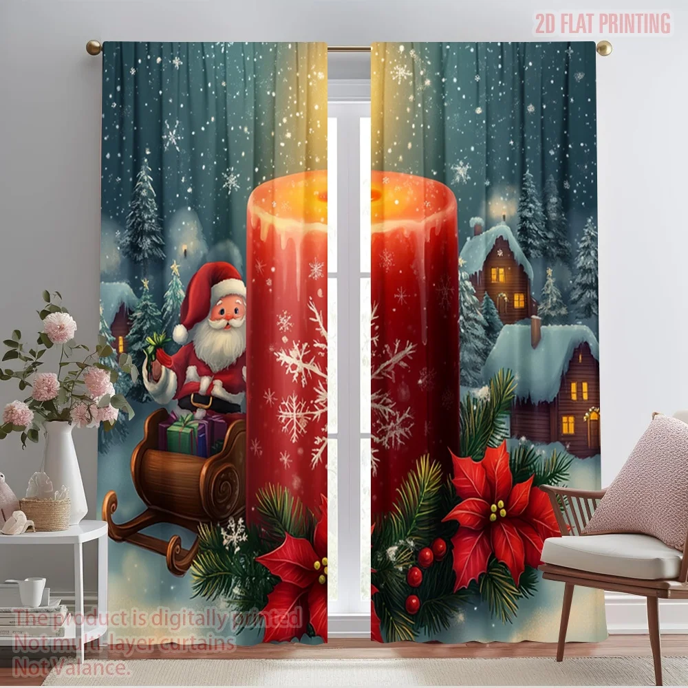 2pcs,2D plane printing Creative Curtains Christmas Candle Winter Village Scene (2) Versatile Fabric (without rod) Decorations