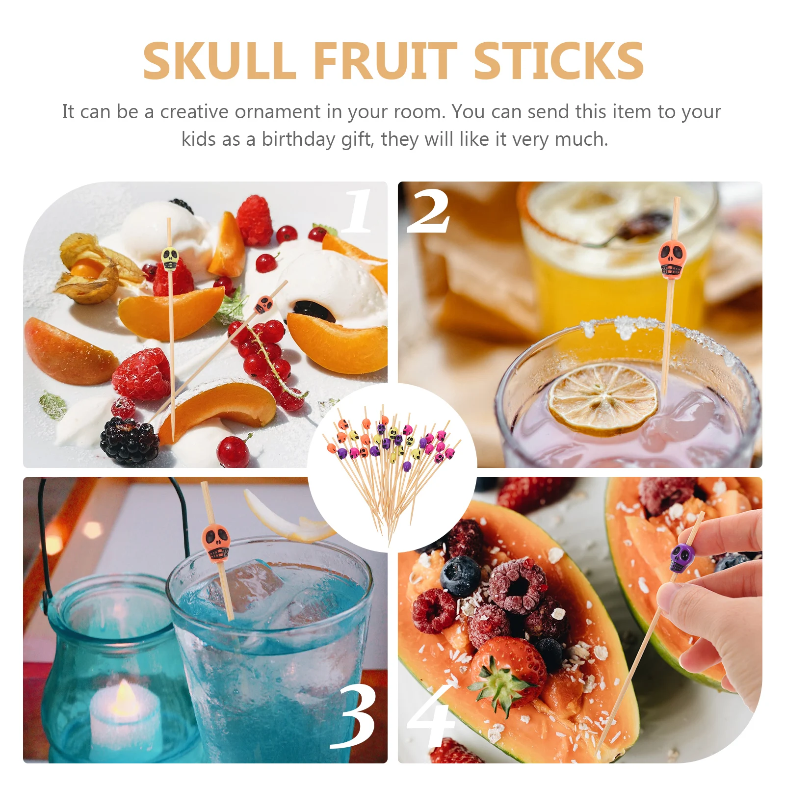

200 Pcs Bamboo Fruit Picks Party for Appetizers Made Sticks Skull Disposable Food Skewers