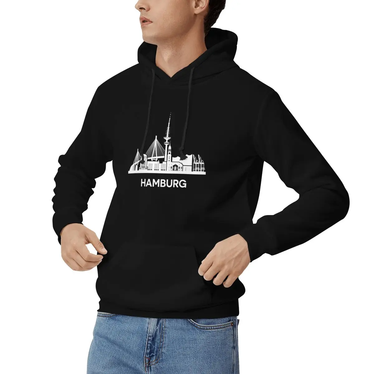 Hamburg City Skyline, Extended Version, White Hoodies Men Women Pullover Sweatshirts Fashion Long Sleeve Hooded Autumn Winter