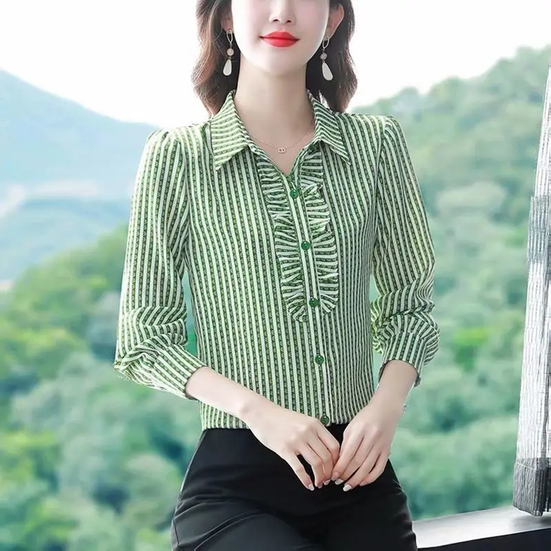 Women\'s Korean Fashion Ruffle Striped Print Button Up Shirt Elegant Lapel Commute Chiffon Blouse Casual Loose Tops Ropa De Mujer