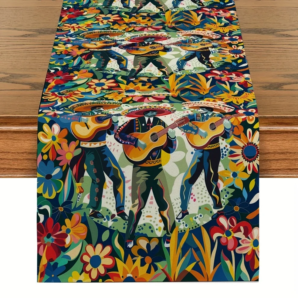 Mexican Day of The Dead Guitar Floral Linen Table Runner Paty Decor Reusable Kitchen Dining Table Runner Day of The Dead Decor