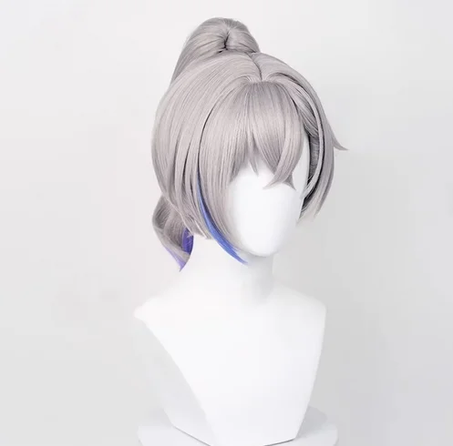 コスプレ用合成ウェーブヘアウィッグ,ハリーポニーテール,ストレート,グレーとパープル