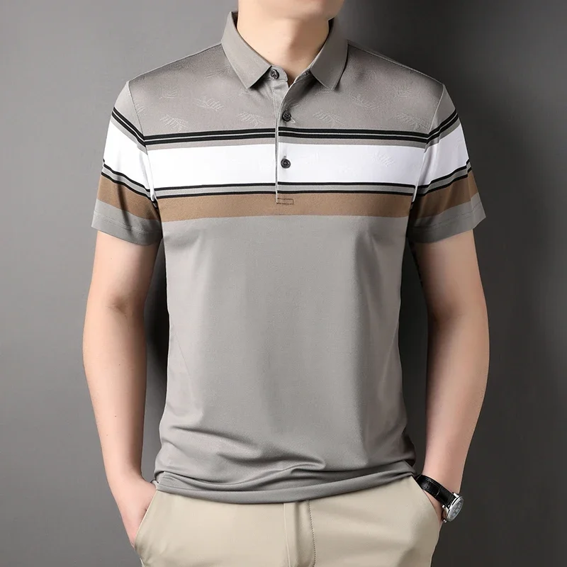 Summer High Elasticity Men's Polo Shirts Luxury Short Sleeve Striped Business Casual Male T-shirts Fashion Man Tees 4XL