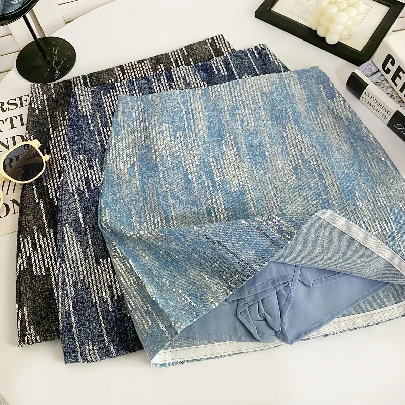 Women's Blue A-line Mini Wrap Skirt Vintage Sequins Skirt Harajuku Korean Style Y2k High Waist Short Skirts 2000s Clothes Summer