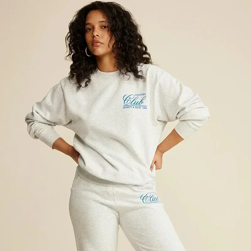 Winter New North American Niche Sporty&Rich Letter Printed Gray Sweatshirt Women's Fleece Hoodie