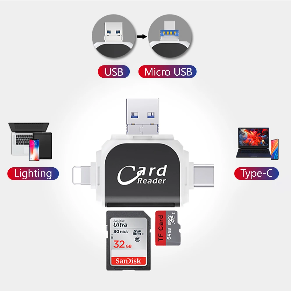 

Устройство чтения карт памяти 4 в 1, Micro SD для IPhone, Ipad, Android, Mac, ПК, камера типа C, освещение, USB C, Android-считыватель, портативный считыватель