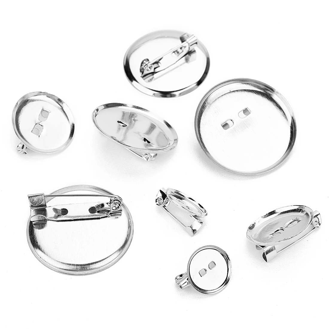 50 قطعة/الوحدة جولة بروش صينية 13-40 مللي متر دبابيس قاعدة فارغة قاعدة إعداد صينية مع بروش دبوس قفل أمان ل مشبك شعر الخياطة الملابس