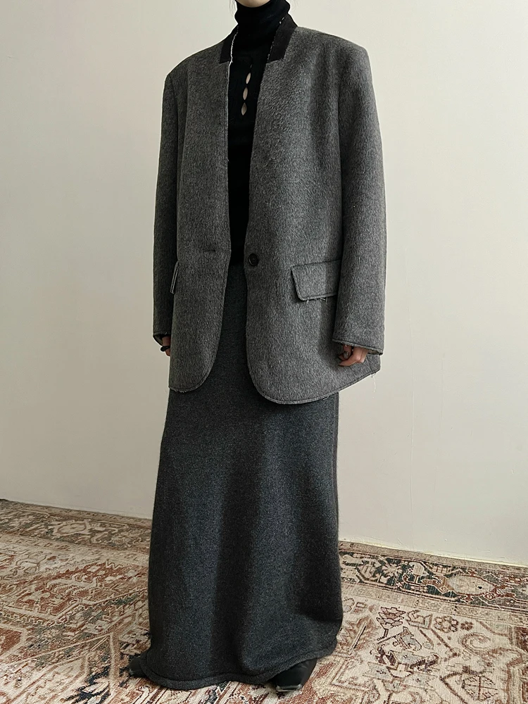 YERMORA-Blazers décontractés en laine épissée pour femmes, col en V, bouton unique, bureau, dame, vestes, document, mode, hiver, nouveau, 2024