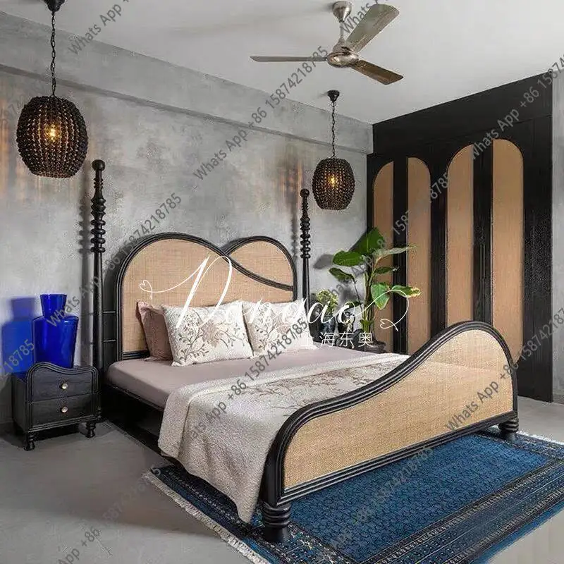 

French retro solid wood bed/American medieval carved master bedroom bed/Roman column rattan bed