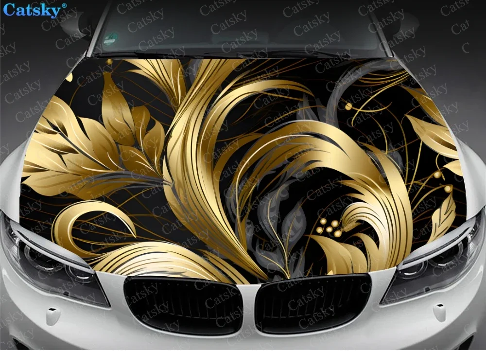 Golden Antique Floral Pattern Car Hood Vinyl Stickers Wrap Vinyl Film Engine Cover Decals Sticker on Car Auto Accessories