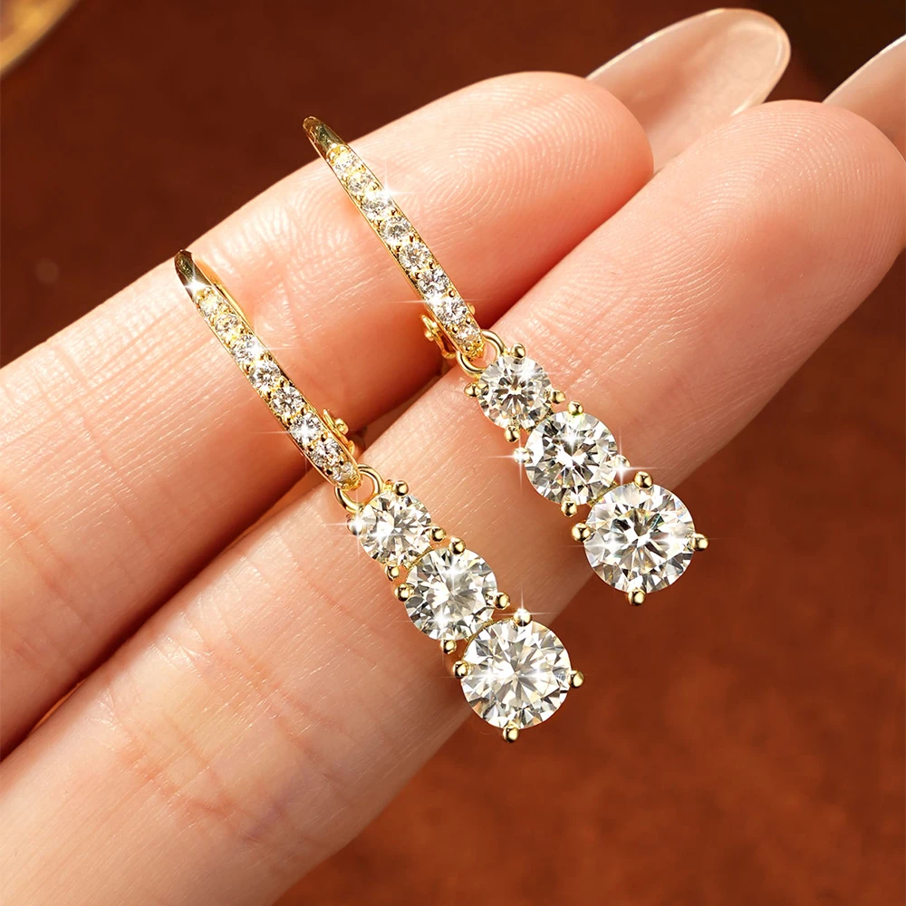OXTAO Luxury Moissanite Drop Earrings 6mm&5mm&4mm Female Jewelry 3-Stone Pendant Earring Engagement Wedding Gift 14K Gold Filled - view 5