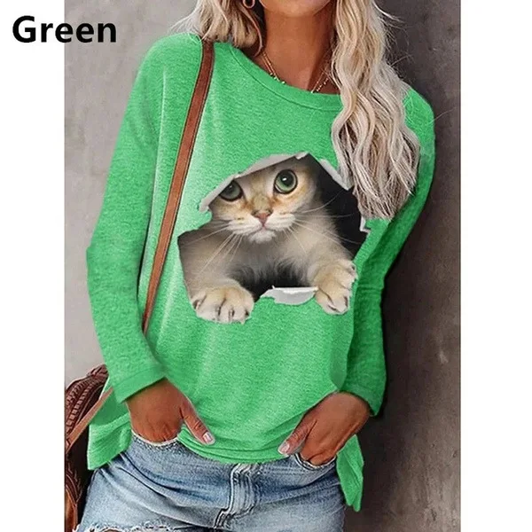 2023 Autumn Winter Womens Clothing Casual Loose T-Shirts Femme Long Sleeve Hoodies Cute Cat Print Pullover Ladies Round Neck Top