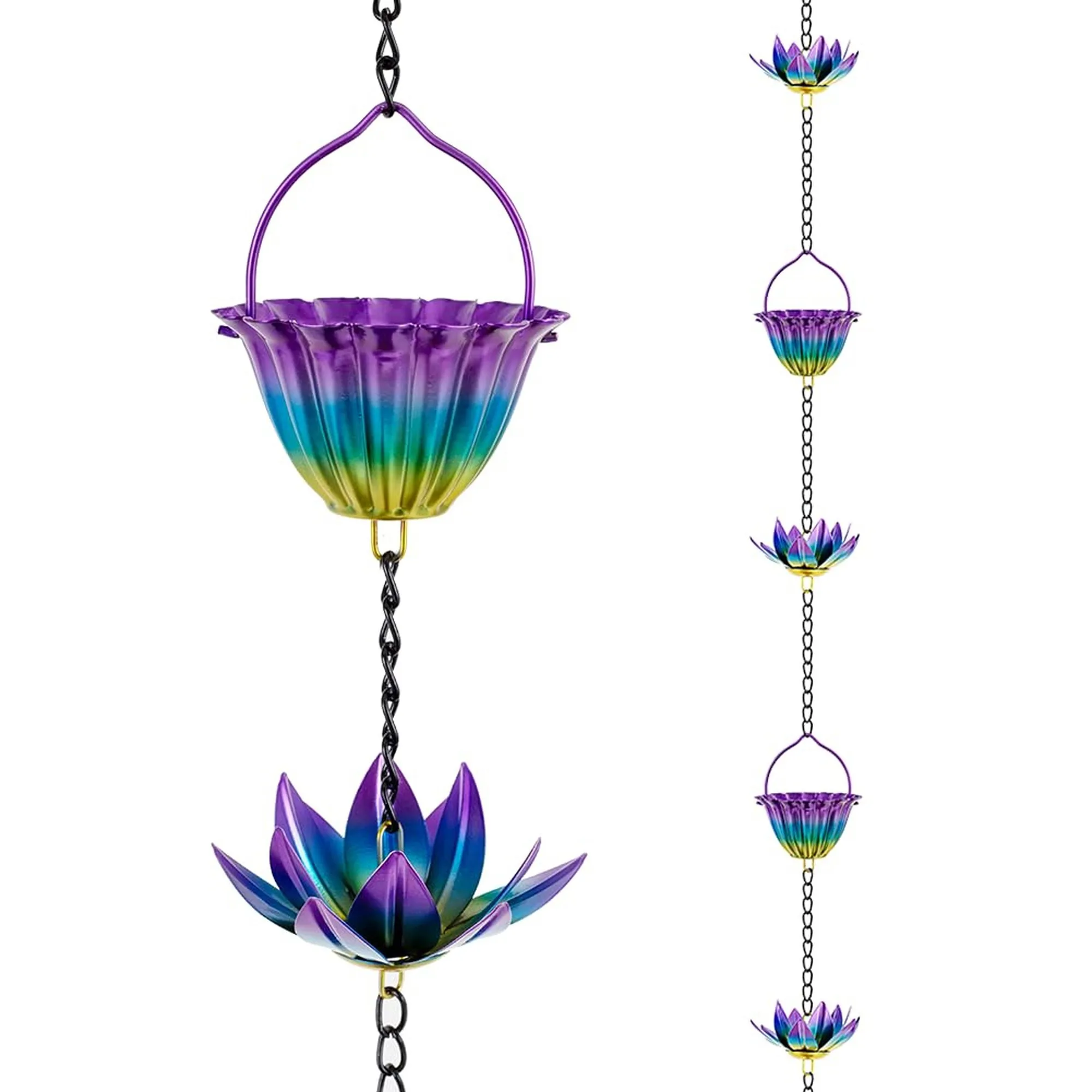 Purple Adjustable 16-Cup Metal Lotus Rain Chain, Decorative Downspout Replacement for Outdoor Gutter Eaves Drainage