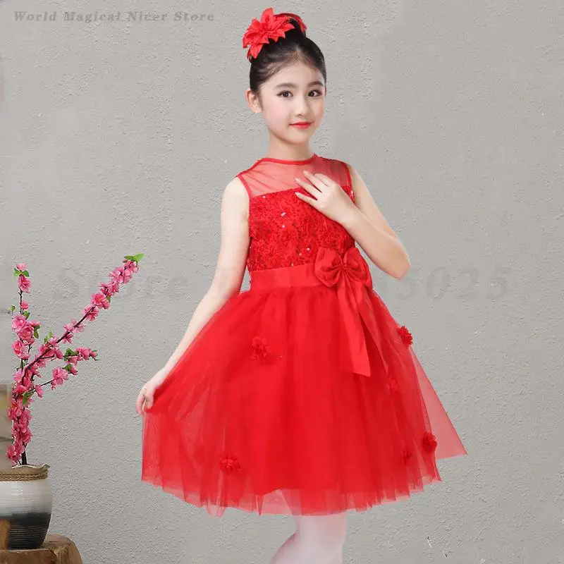 

Girls Dance Fancy Dresses Children's Choir Performance Costumes Summer Sleeveless Child Host Clothes Sweet Cute Princess Dress