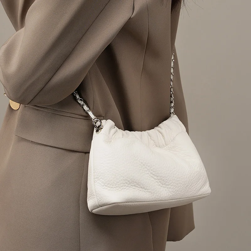 New White Ruched Design Cloudy Shoulder Bag Small Genuine Leather Women's Crossbody Bag High Quality Small Daily-use Purse