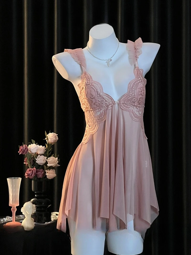 

Seductive Alluring Tulle Slit Lace Halter Nightdress with Fluttering Small Sleeves,Elegant Sheer Mesh Uniform Nightwear for