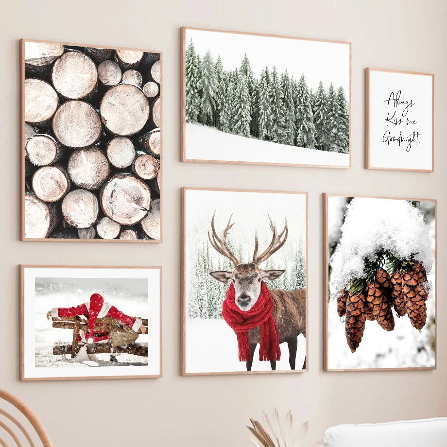 Winter Snow Scenery Picture Canvas Painting Wall Art Elk Pine Wood Snowman Poster and Print for Modern Home Christmas Decor