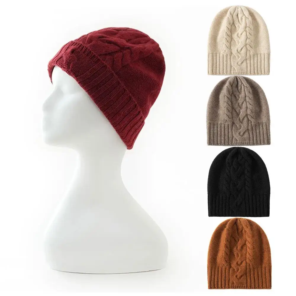 

100% Pure Cashmere Hat Ear Protection Slouchy Skullies Casual Thicken Cap Knitted Twisted Beanies Cap Pure Wool Cable Knit Hat