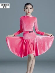 Vestido de dança latina manga comprida feminino, conjunto de saia e top padrão infantil, moda competição, 4 cores, novo, outono, inverno