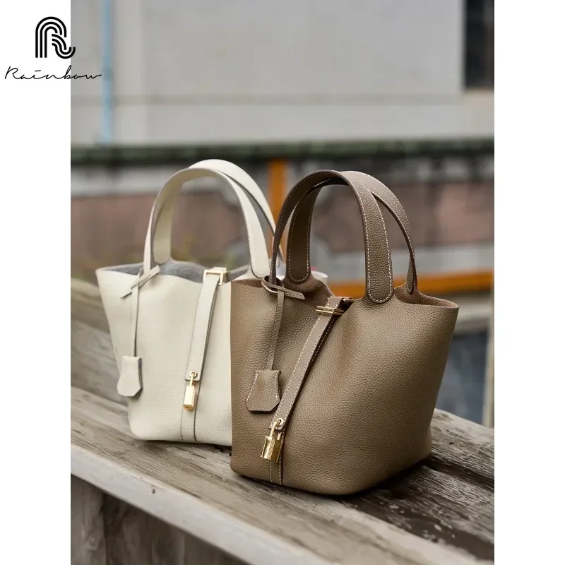 RAINBOW New Genuine Leather Luxury Bag Fashion Women's Handbag Vegetable Basket Style Portable Women Bucket Bag with Lock