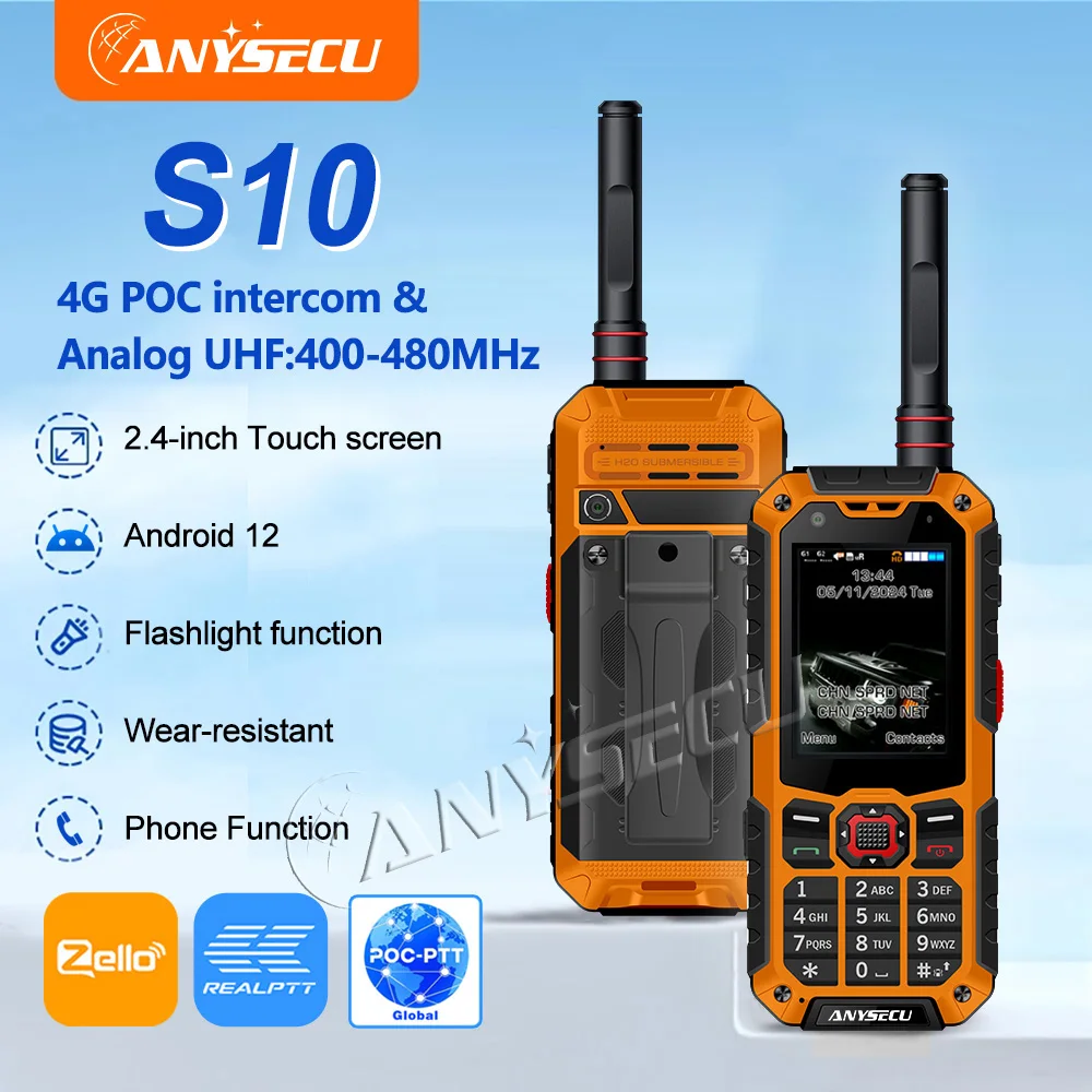ANYSECU S10 4G 네트워크 라디오 안드로이드 12 WIFI GPS 지원, Zello Real-PTT 호환, UHF 400-470Mhz 아날로그 무전기